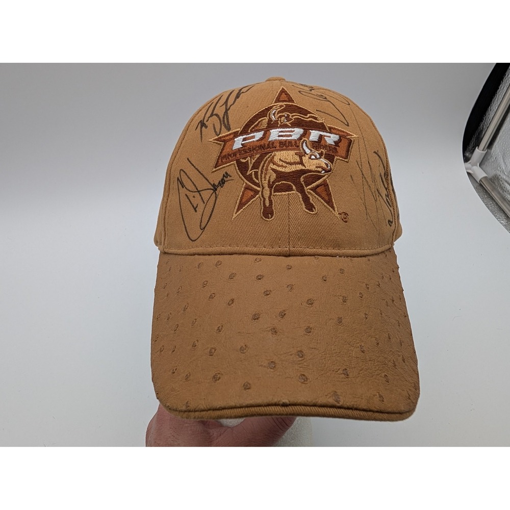 PBR Professional Bull Riders Signed Hat Tan Faux Ostrich Brim Baseball Cap